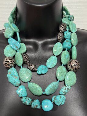 Huge Chico's Lucite Faux Turquoise Silver Tone Bib Necklace Large Bold Beaded